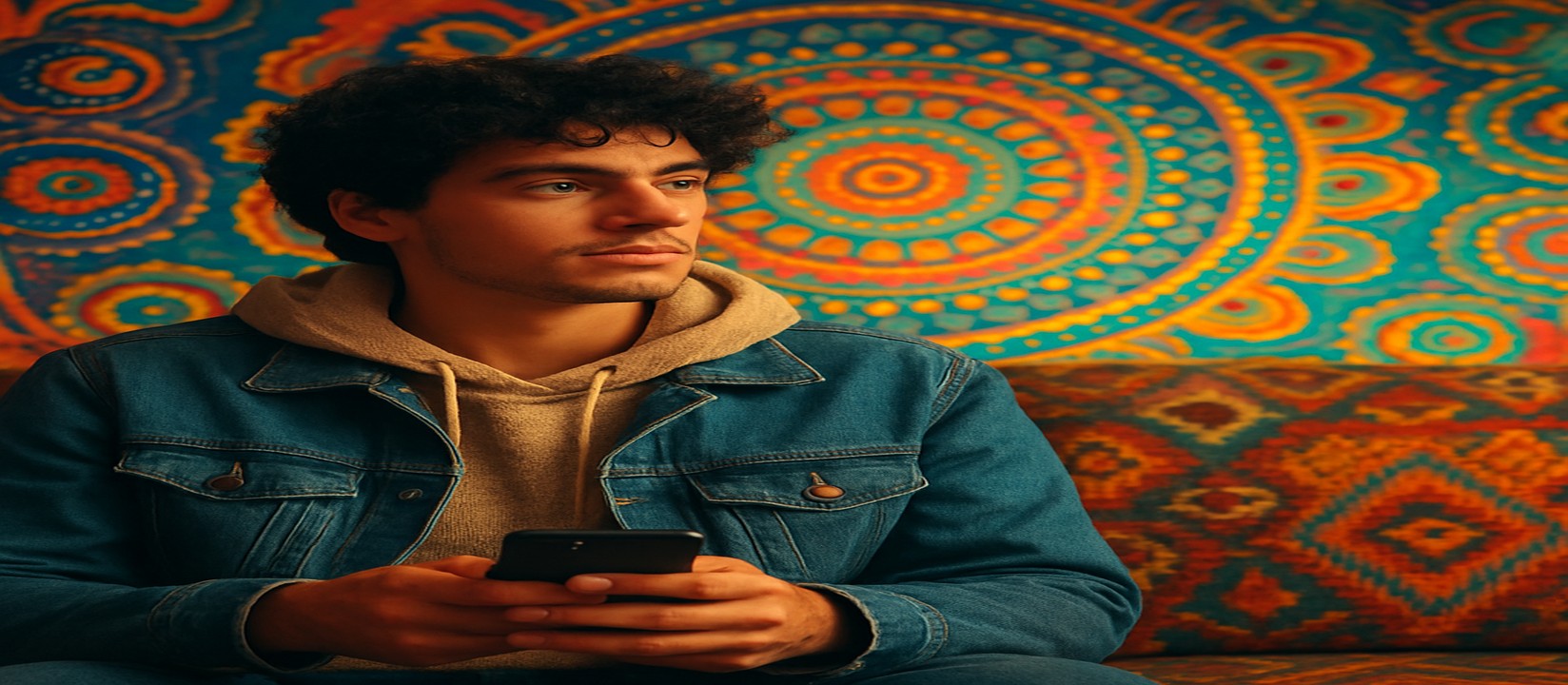 সোফায় আরাম করে বসে 3999bit অ্যাপটি স্মার্টফোনে ব্যবহার করছেন একজন ব্যক্তি