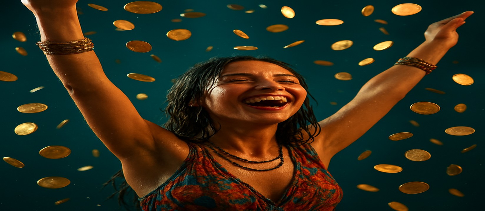 3999bit গেমিং পরিবেশে মুদ্রার ঝরনার মাঝে রঙিন পোশাকে এক